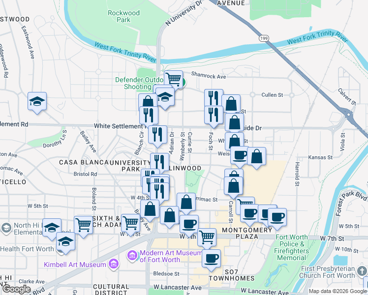 map of restaurants, bars, coffee shops, grocery stores, and more near 228 Wimberly Street in Fort Worth