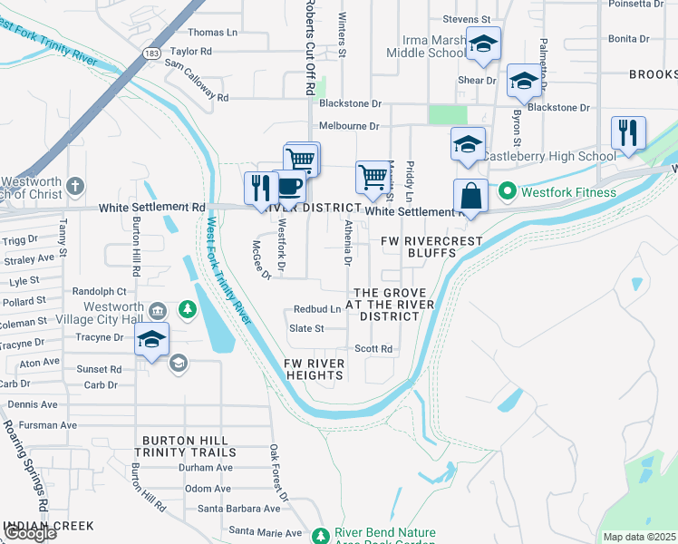 map of restaurants, bars, coffee shops, grocery stores, and more near 243 Athenia Drive in Fort Worth
