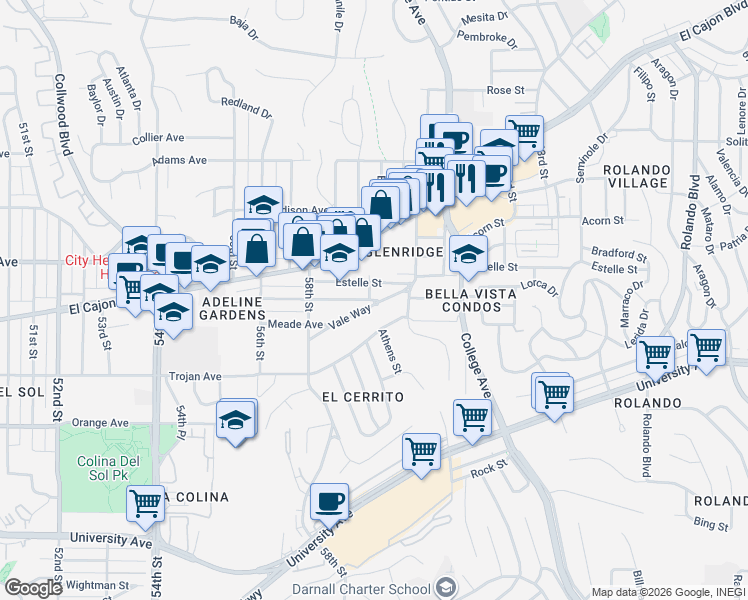 map of restaurants, bars, coffee shops, grocery stores, and more near Adelaide Avenue in San Diego