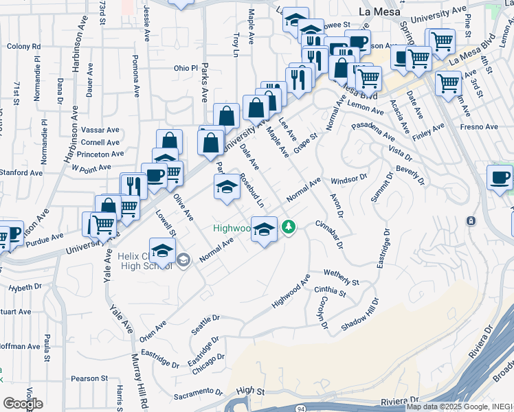 map of restaurants, bars, coffee shops, grocery stores, and more near 4352 Rosebud Lane in La Mesa