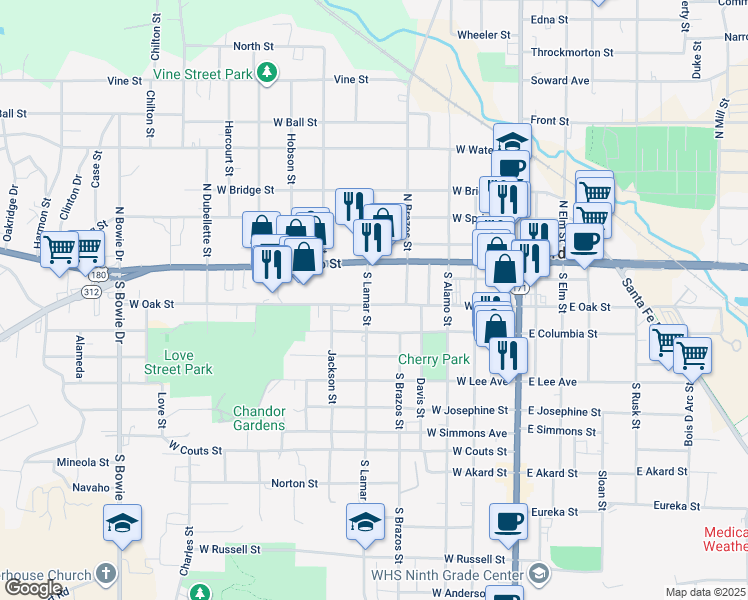 map of restaurants, bars, coffee shops, grocery stores, and more near 406 West Columbia Street in Weatherford