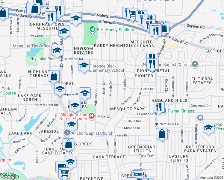 map of restaurants, bars, coffee shops, grocery stores, and more near 812 Grande Drive in Mesquite