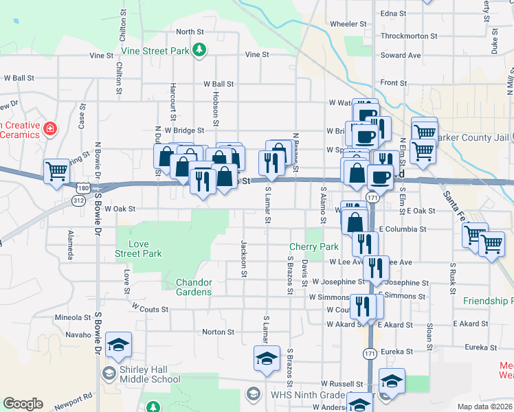 map of restaurants, bars, coffee shops, grocery stores, and more near 511 West Oak Street in Weatherford
