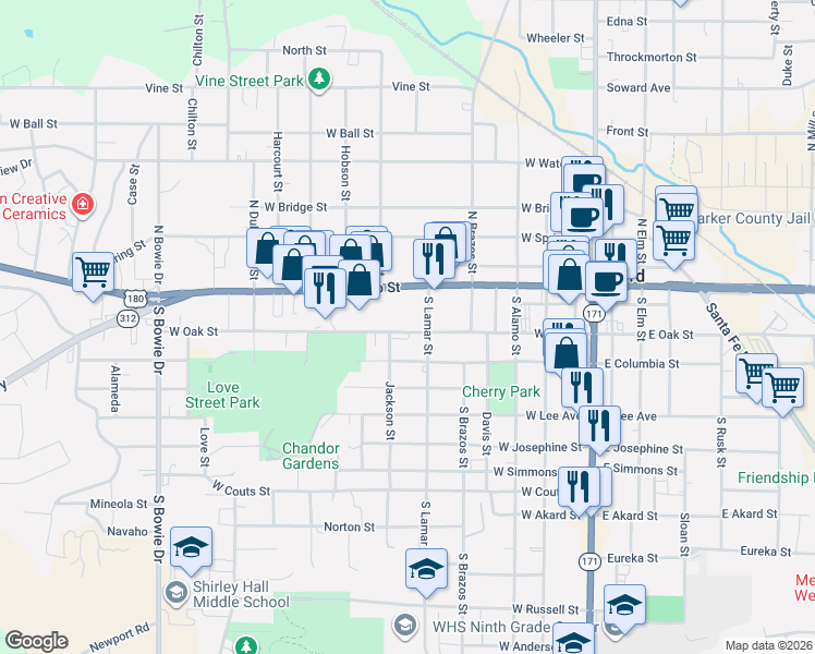 map of restaurants, bars, coffee shops, grocery stores, and more near 511 West Oak Street in Weatherford