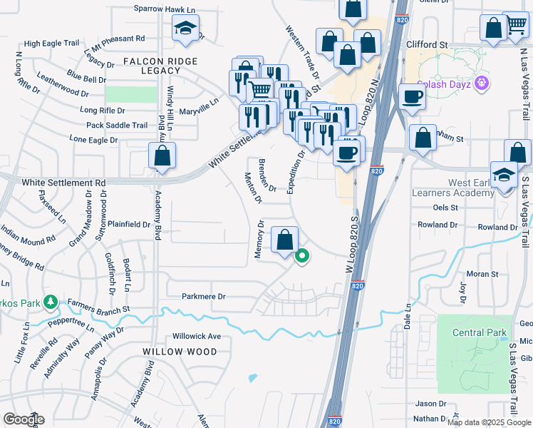 map of restaurants, bars, coffee shops, grocery stores, and more near 232 Memory Drive in Fort Worth