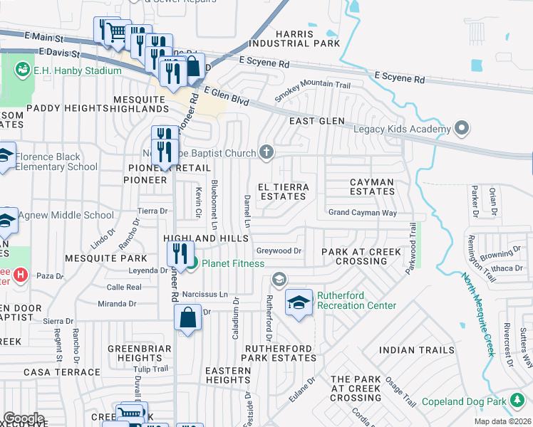 map of restaurants, bars, coffee shops, grocery stores, and more near 822 Coolwood Lane in Mesquite