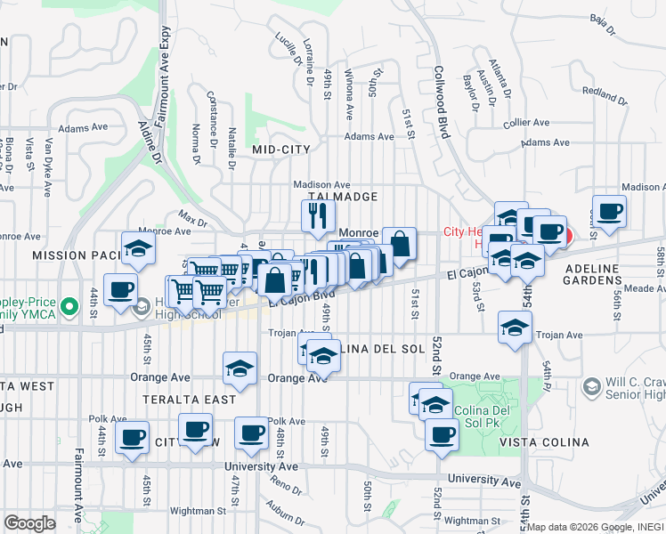 map of restaurants, bars, coffee shops, grocery stores, and more near 4447 49th Street in San Diego