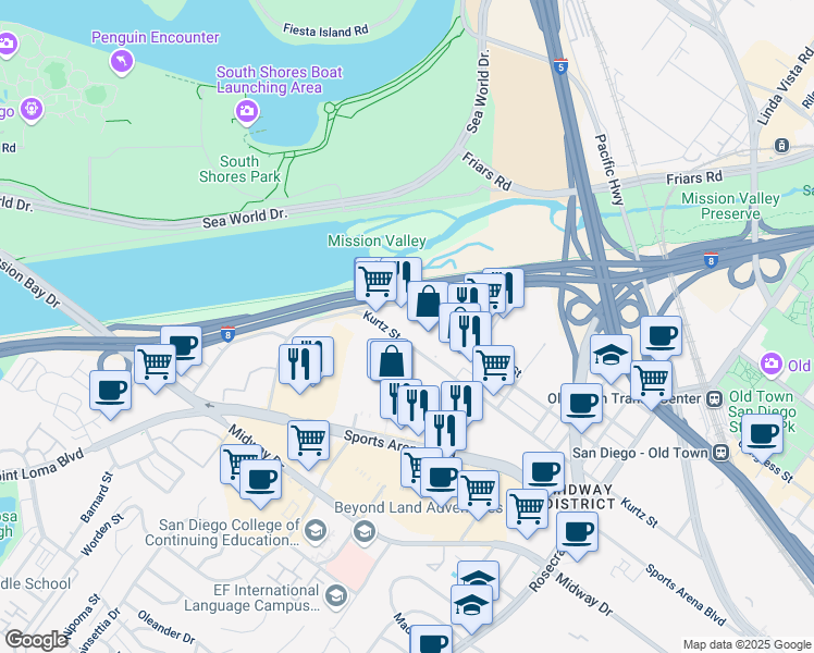map of restaurants, bars, coffee shops, grocery stores, and more near 3612 Kurtz Street in San Diego