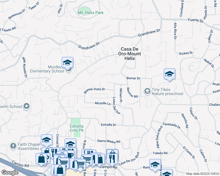 map of restaurants, bars, coffee shops, grocery stores, and more near 10020 Bonnie Vista Drive in La Mesa