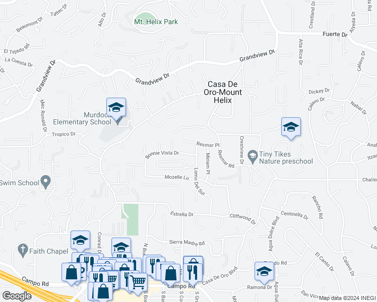 map of restaurants, bars, coffee shops, grocery stores, and more near 10020 Bonnie Vista Drive in La Mesa
