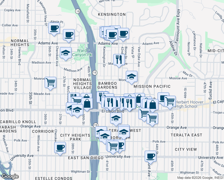 map of restaurants, bars, coffee shops, grocery stores, and more near 4357 Marlborough Avenue in San Diego