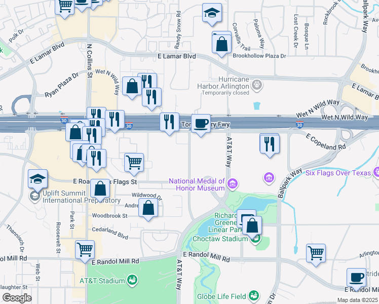 map of restaurants, bars, coffee shops, grocery stores, and more near 1500 Nolan Ryan Expressway in Arlington