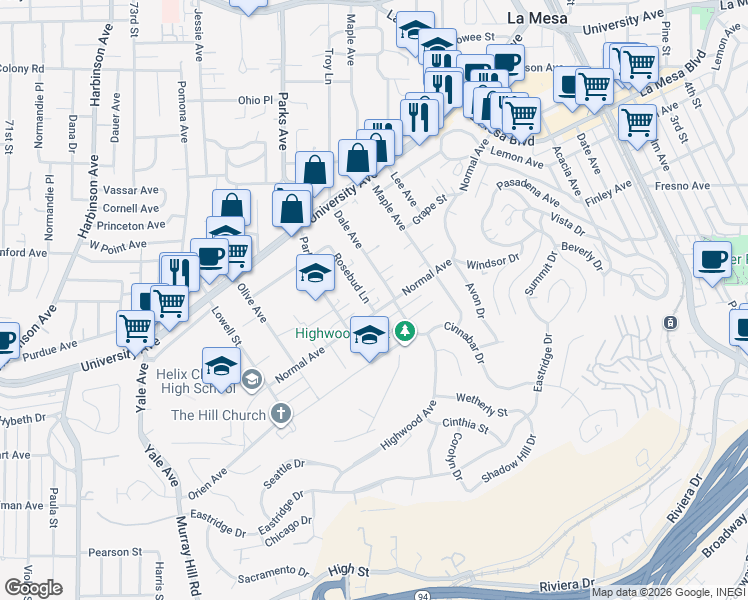 map of restaurants, bars, coffee shops, grocery stores, and more near 4349 Rosebud Lane in La Mesa