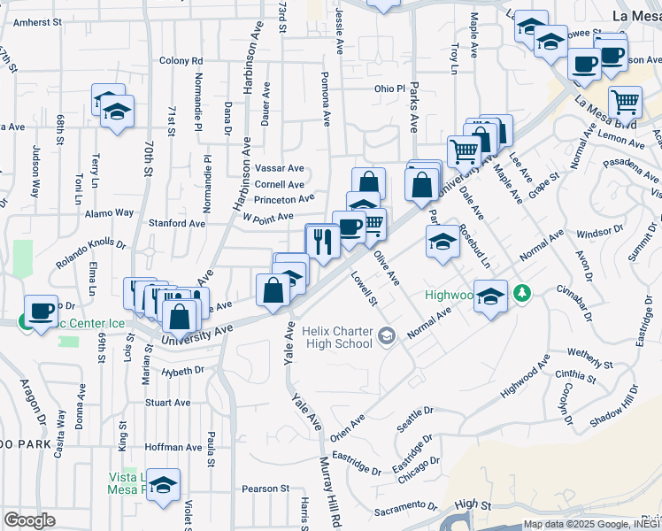map of restaurants, bars, coffee shops, grocery stores, and more near 7435 University Avenue in La Mesa