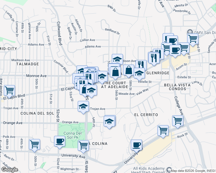 map of restaurants, bars, coffee shops, grocery stores, and more near 5505 Adelaide Avenue in San Diego
