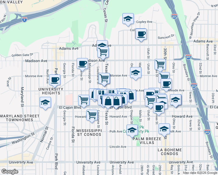 map of restaurants, bars, coffee shops, grocery stores, and more near 4415-17 Texas Street in San Diego