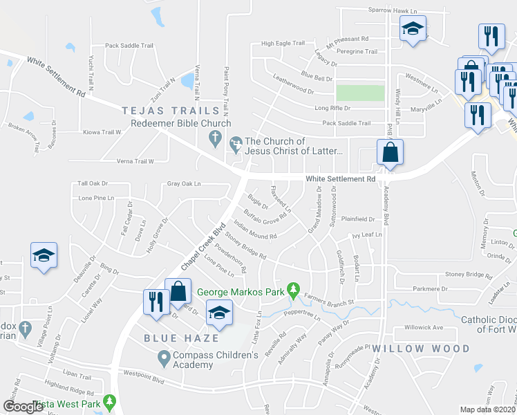 map of restaurants, bars, coffee shops, grocery stores, and more near 10125 Bugle Drive in Fort Worth