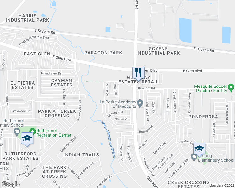 map of restaurants, bars, coffee shops, grocery stores, and more near 830 Orian Drive in Mesquite
