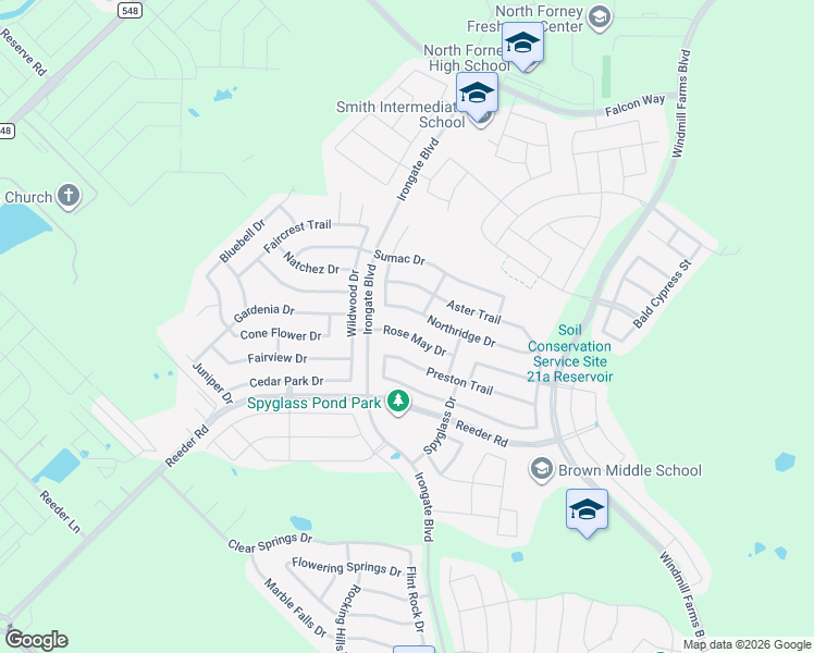 map of restaurants, bars, coffee shops, grocery stores, and more near 2118 Rose May Drive in Forney