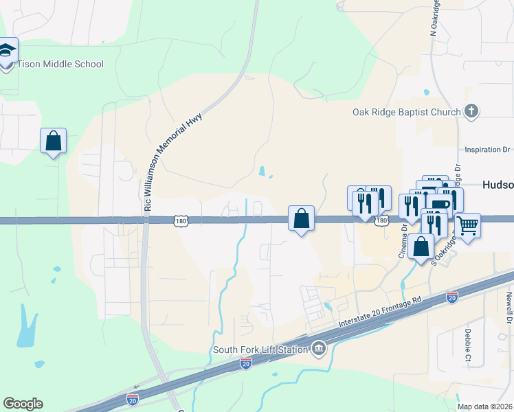 map of restaurants, bars, coffee shops, grocery stores, and more near 2505 Green Valley Park in Weatherford