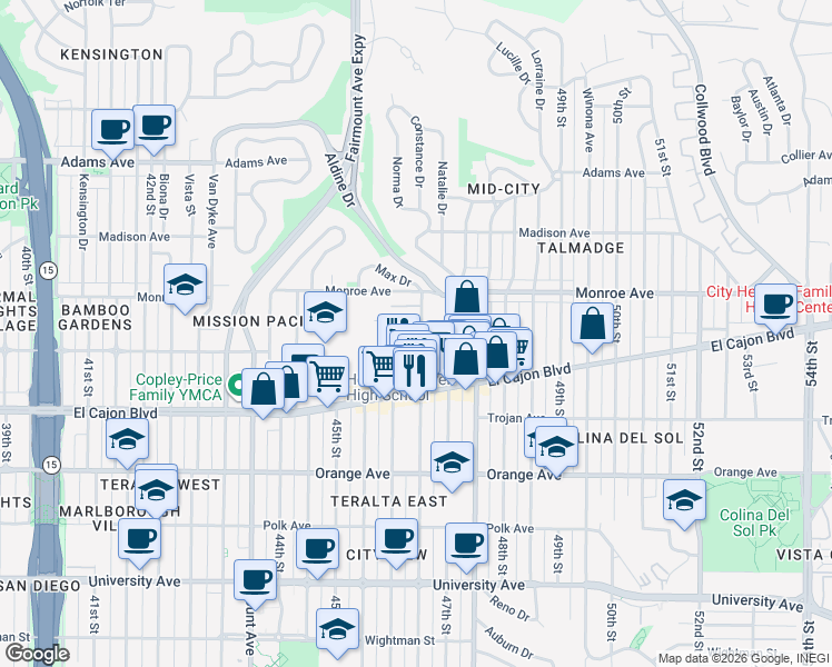 map of restaurants, bars, coffee shops, grocery stores, and more near 4366 Menlo Avenue in San Diego