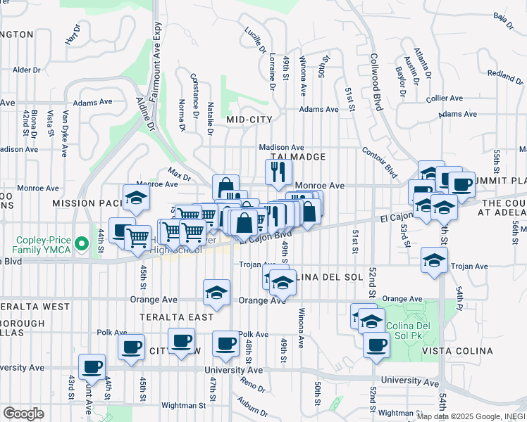 map of restaurants, bars, coffee shops, grocery stores, and more near 4454 Estrella Avenue in San Diego