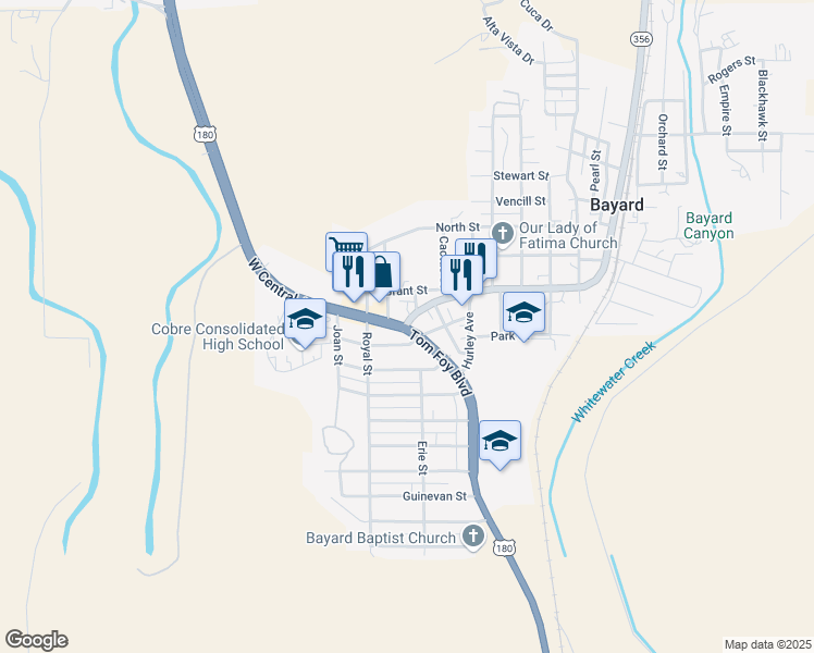 map of restaurants, bars, coffee shops, grocery stores, and more near 1111 Central Avenue in Bayard