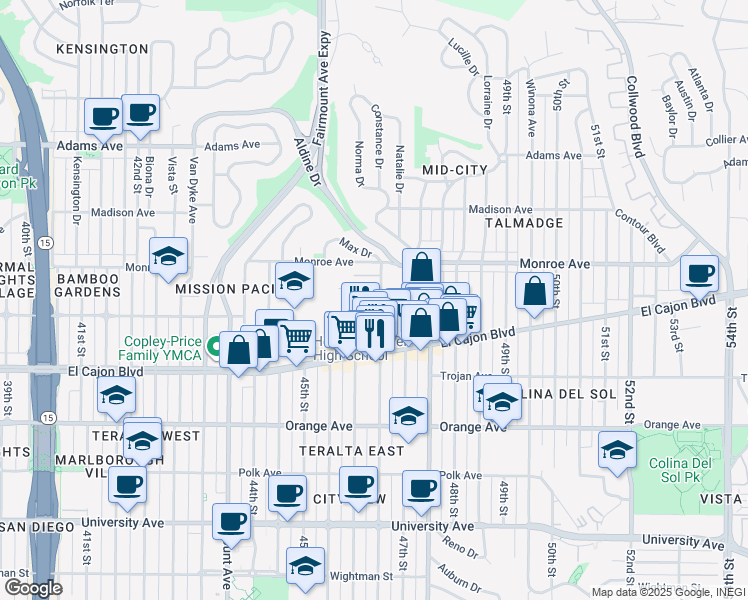 map of restaurants, bars, coffee shops, grocery stores, and more near 4366 Menlo Avenue in San Diego