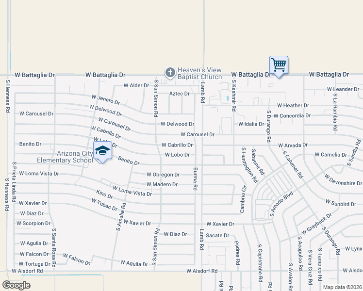 map of restaurants, bars, coffee shops, grocery stores, and more near 11405 West Cabrillo Drive in Arizona City
