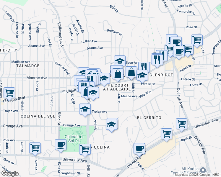 map of restaurants, bars, coffee shops, grocery stores, and more near 5505 Adelaide Avenue in San Diego