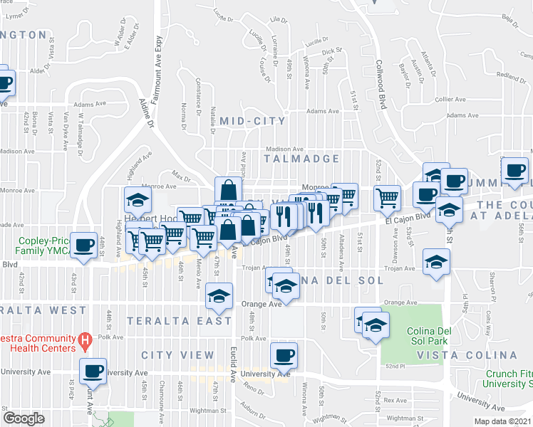 map of restaurants, bars, coffee shops, grocery stores, and more near 4421 Estrella Avenue in San Diego