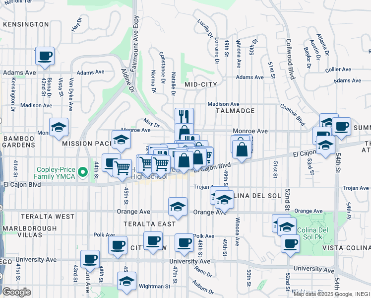 map of restaurants, bars, coffee shops, grocery stores, and more near 4400 47th Street in San Diego