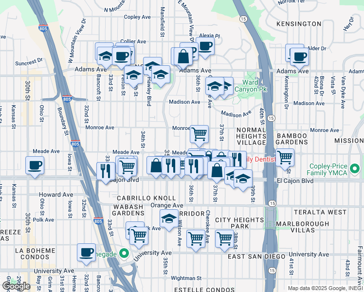 map of restaurants, bars, coffee shops, grocery stores, and more near 4396 Wilson Avenue in San Diego