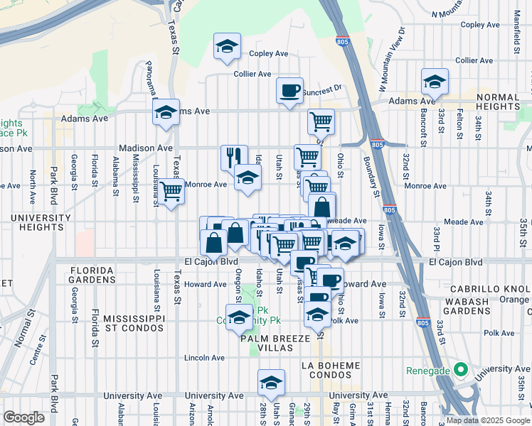map of restaurants, bars, coffee shops, grocery stores, and more near 4383 Idaho Street in San Diego