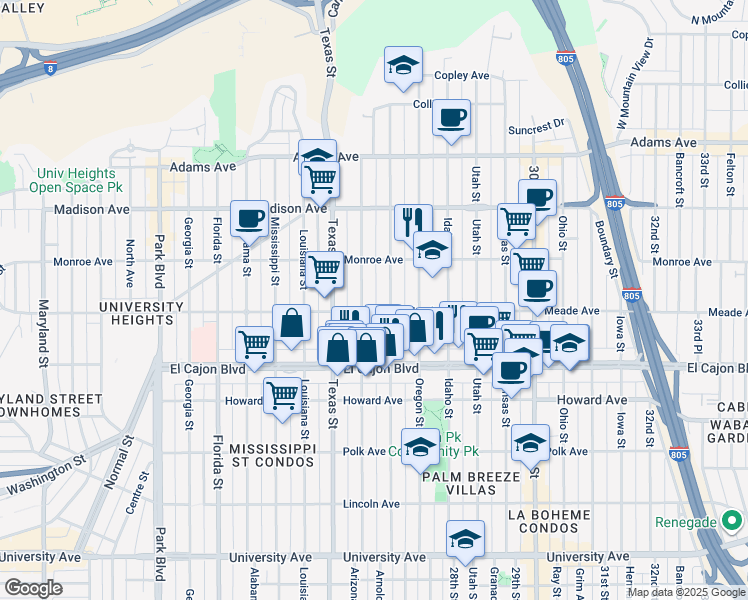 map of restaurants, bars, coffee shops, grocery stores, and more near 4384 Hamilton Street in San Diego