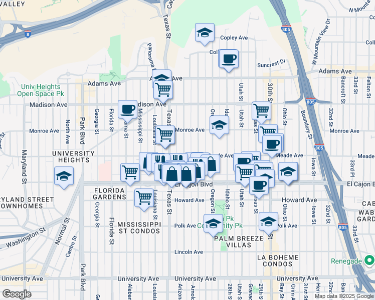 map of restaurants, bars, coffee shops, grocery stores, and more near 4390 Arizona Street in San Diego