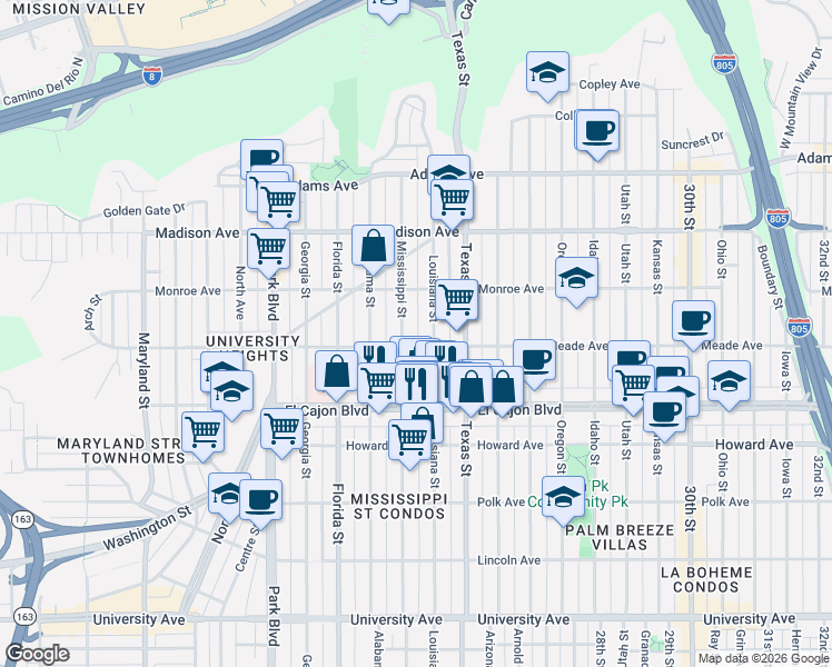 map of restaurants, bars, coffee shops, grocery stores, and more near 4383 Mississippi Street in San Diego