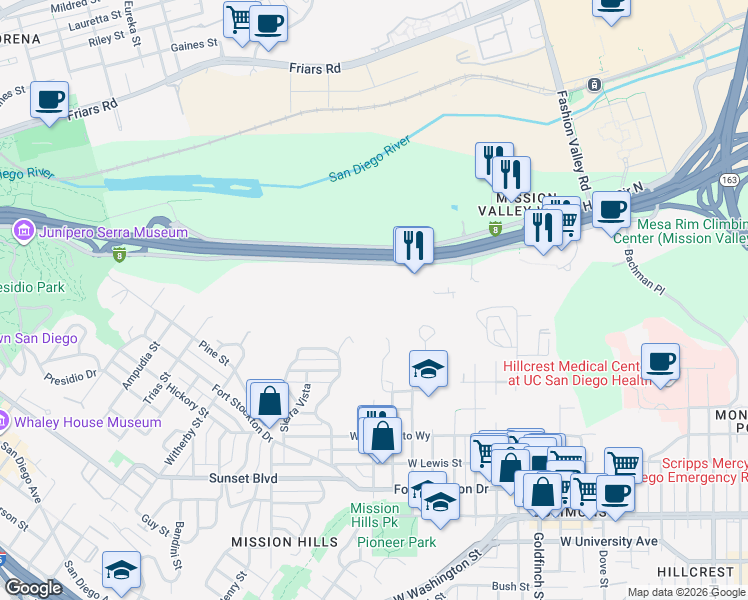 map of restaurants, bars, coffee shops, grocery stores, and more near 4436 Plumosa Way in San Diego