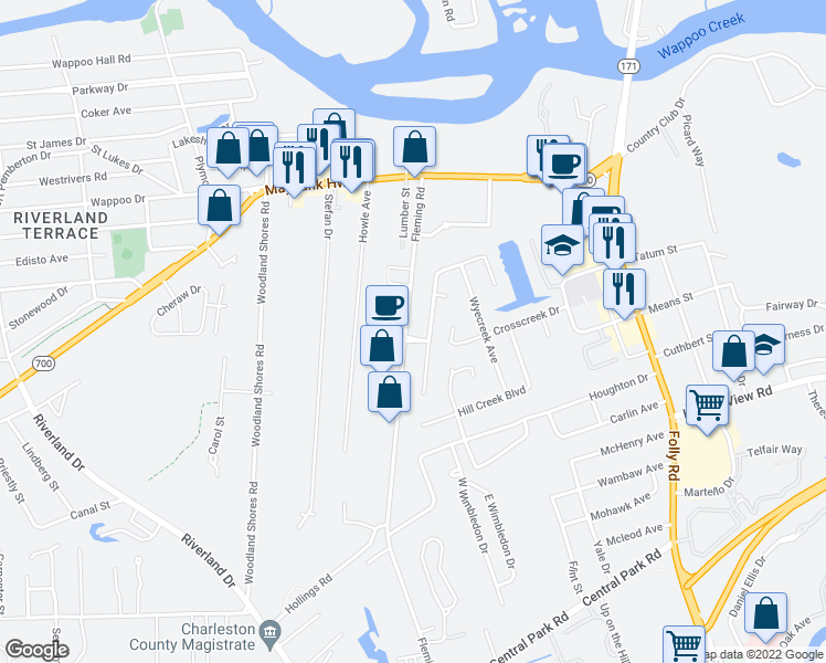 map of restaurants, bars, coffee shops, grocery stores, and more near 359 Fleming Road in Charleston