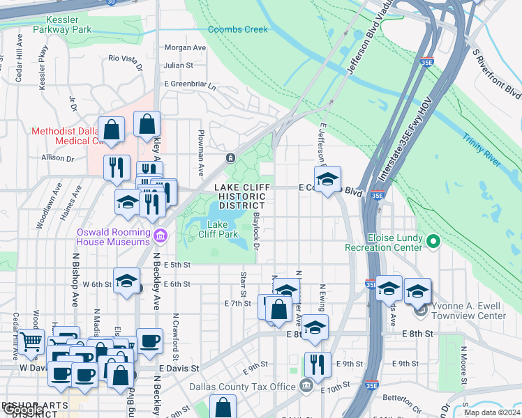 map of restaurants, bars, coffee shops, grocery stores, and more near 723 North Marsalis Avenue in Dallas