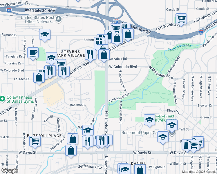 map of restaurants, bars, coffee shops, grocery stores, and more near 2045 Lauraette Drive in Dallas
