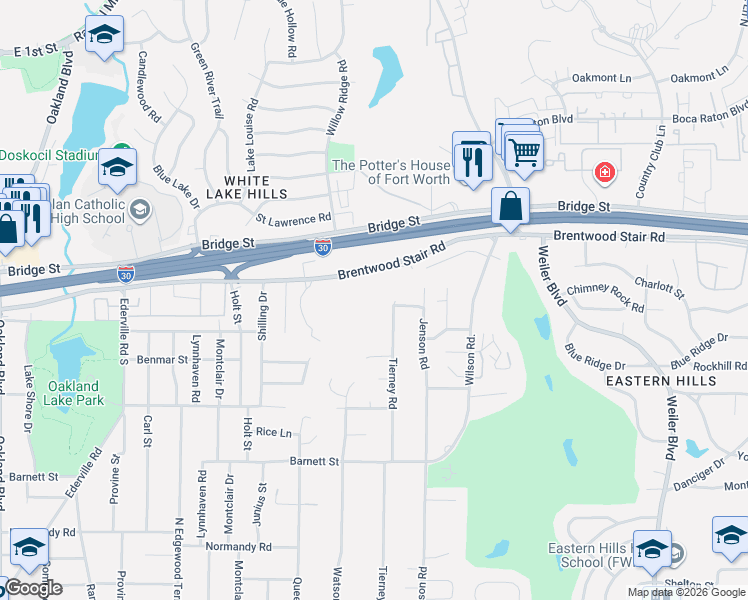map of restaurants, bars, coffee shops, grocery stores, and more near 1600 Tierney Road in Fort Worth