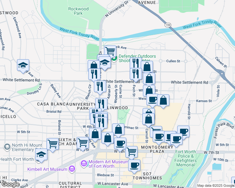 map of restaurants, bars, coffee shops, grocery stores, and more near 228 Wimberly Street in Fort Worth
