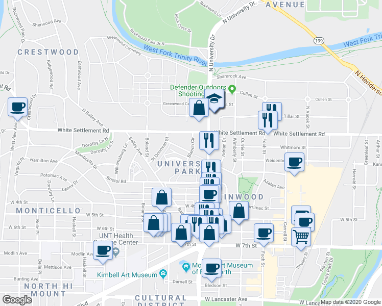 map of restaurants, bars, coffee shops, grocery stores, and more near 220 University Drive in Fort Worth