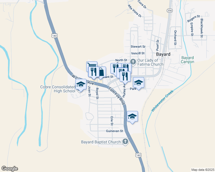 map of restaurants, bars, coffee shops, grocery stores, and more near 1111 Central Avenue in Bayard