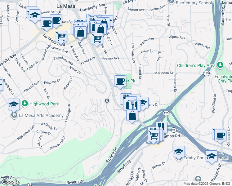 map of restaurants, bars, coffee shops, grocery stores, and more near 4341 Spring Street in La Mesa