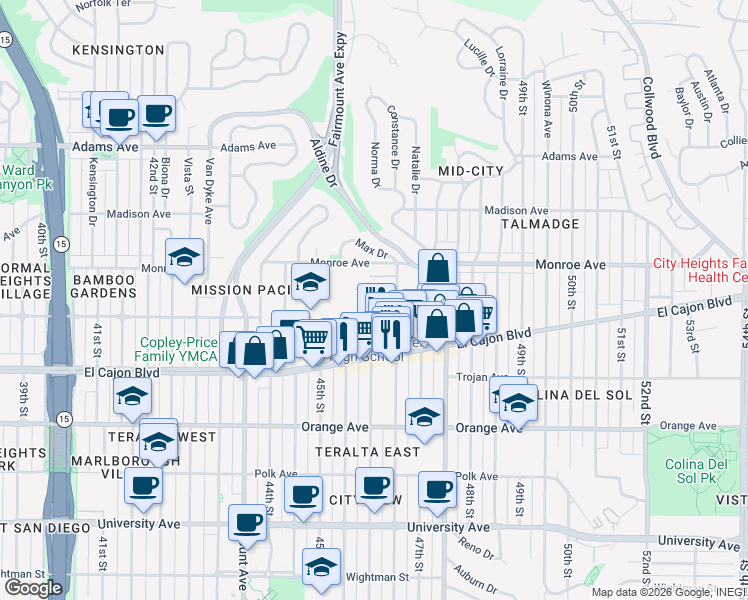 map of restaurants, bars, coffee shops, grocery stores, and more near 4375 46th Street in San Diego