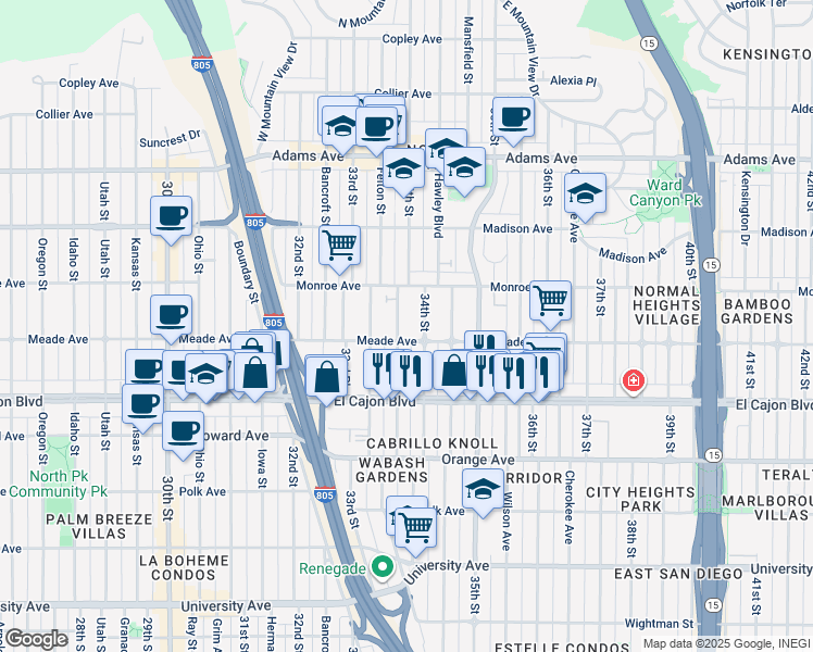 map of restaurants, bars, coffee shops, grocery stores, and more near 3333 Meade Avenue in San Diego