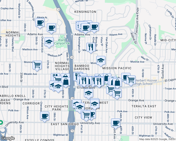 map of restaurants, bars, coffee shops, grocery stores, and more near 4429 Marlborough Avenue in San Diego