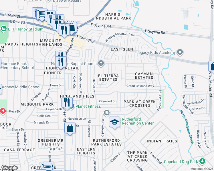 map of restaurants, bars, coffee shops, grocery stores, and more near 1530 Roundrock Trail in Mesquite